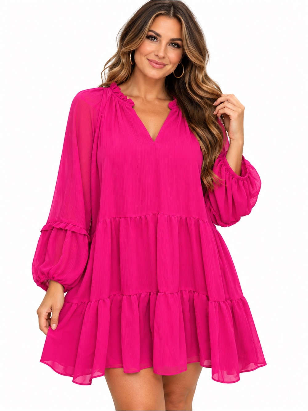 Vince Camuto Pink Chiffon Tiered Mini Dress Balloon Sleeve M NWT